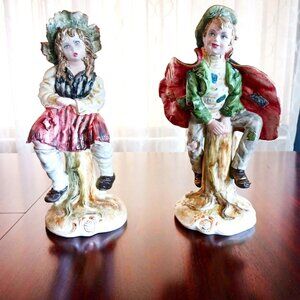 Italian Capo di Monte Style Boy and Girl Figurines Ceramic Hand Painted 14"